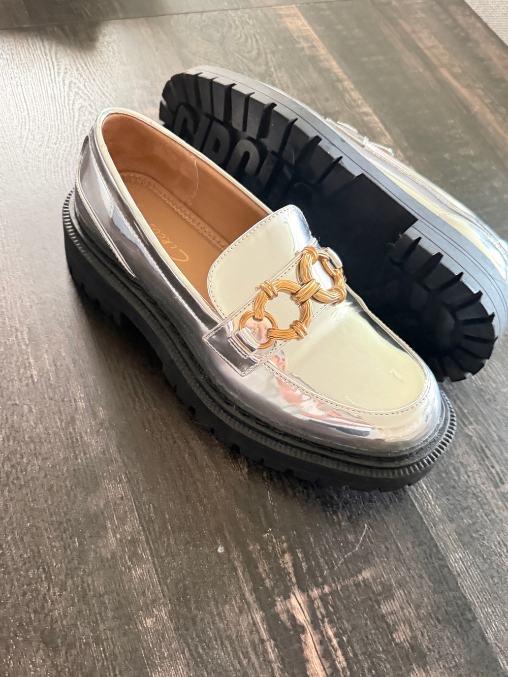 Circus by Sam Edelman Metallic Silver Loafers with Gold Chain